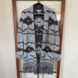 BB Dakota Black & Gray Aztec Pattern Cardigan Sweater w/ Fringe Detail - Small